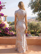 Jacquard Sheath/Column V-Neck Floor-Length Mother of the Bride & Groom Dresses with Ruffles & Ruched Waist (SHI22501060)