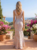 Jacquard Sheath/Column V-Neck Floor-Length Mother of the Bride & Groom Dresses with Ruffles & Ruched Waist (SHI22501060)