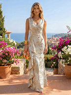 Jacquard Sheath/Column V-Neck Floor-Length Mother of the Bride & Groom Dresses with Ruffles & Ruched Waist (SHI22501060)