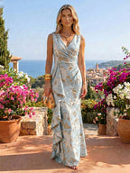 Jacquard Sheath/Column V-Neck Floor-Length Mother of the Bride & Groom Dresses with Ruffles & Ruched Waist (SHI22501060)