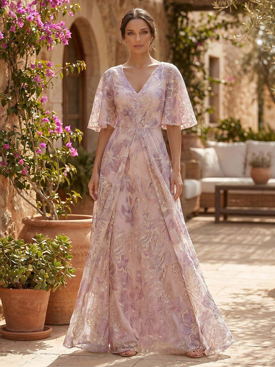 Jacquard A-Line/Princess V-Neck Floor-Length Mother of the Bride & Groom Dresses with Ruched Waist (SHI22501061)