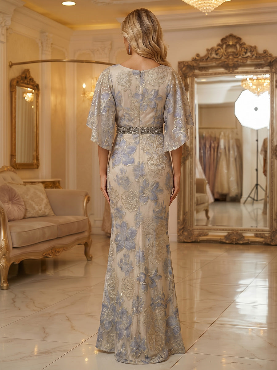 Jacquard Sheath/Column 3/4 Sleeves Floor-Length Mother of the Bride & Groom Dresses with Ruched Waist & Rhinestones (SHI22500801)