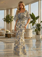 Cape Sleeve Floral Jacquard Satin Tea-Length Ruched Mother of the Bride Dresses 2 Piece (SHIA22500528)