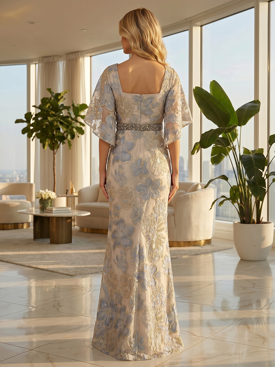 Cape Sleeve Floral Jacquard Satin Tea-Length Ruched Mother of the Bride Dresses 2 Piece (SHIA22500528)