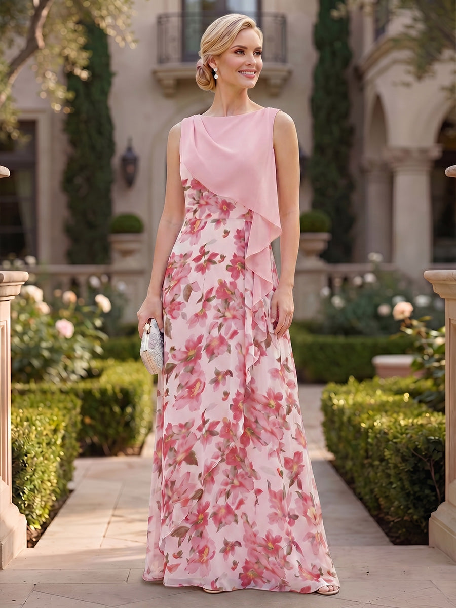 Floral Print A-Line/Princess Scoop Neck Floor-Length Mother of the Bride & Groom Dresses with Tiered Layers & Ruffles (SHI22501117)