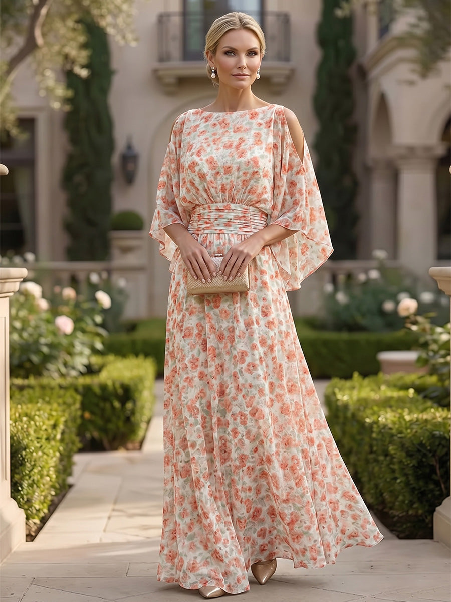 Floral Print A-Line/Princess Scoop Neck Floor-Length Mother of the Bride & Groom Dresses with Ruffles & Ruched Waist (SHI22501132)