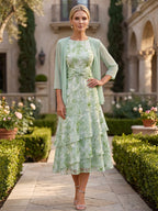Floral Print A-Line/Princess Scoop Neck Tea-Length Mother of the Bride & Groom Dresses with Tiered Layers & Ruched Waist (SHI22501120)