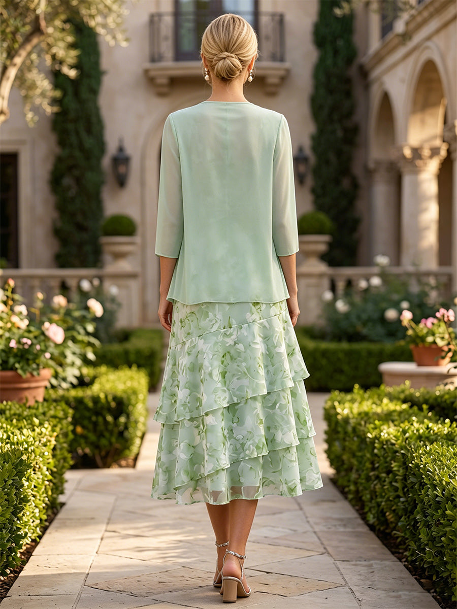 Floral Print A-Line/Princess Scoop Neck Tea-Length Mother of the Bride & Groom Dresses with Tiered Layers & Ruched Waist (SHI22501120)
