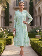 Floral Print A-Line/Princess Scoop Neck Tea-Length Mother of the Bride & Groom Dresses with Tiered Layers & Ruched Waist (SHI22501120)