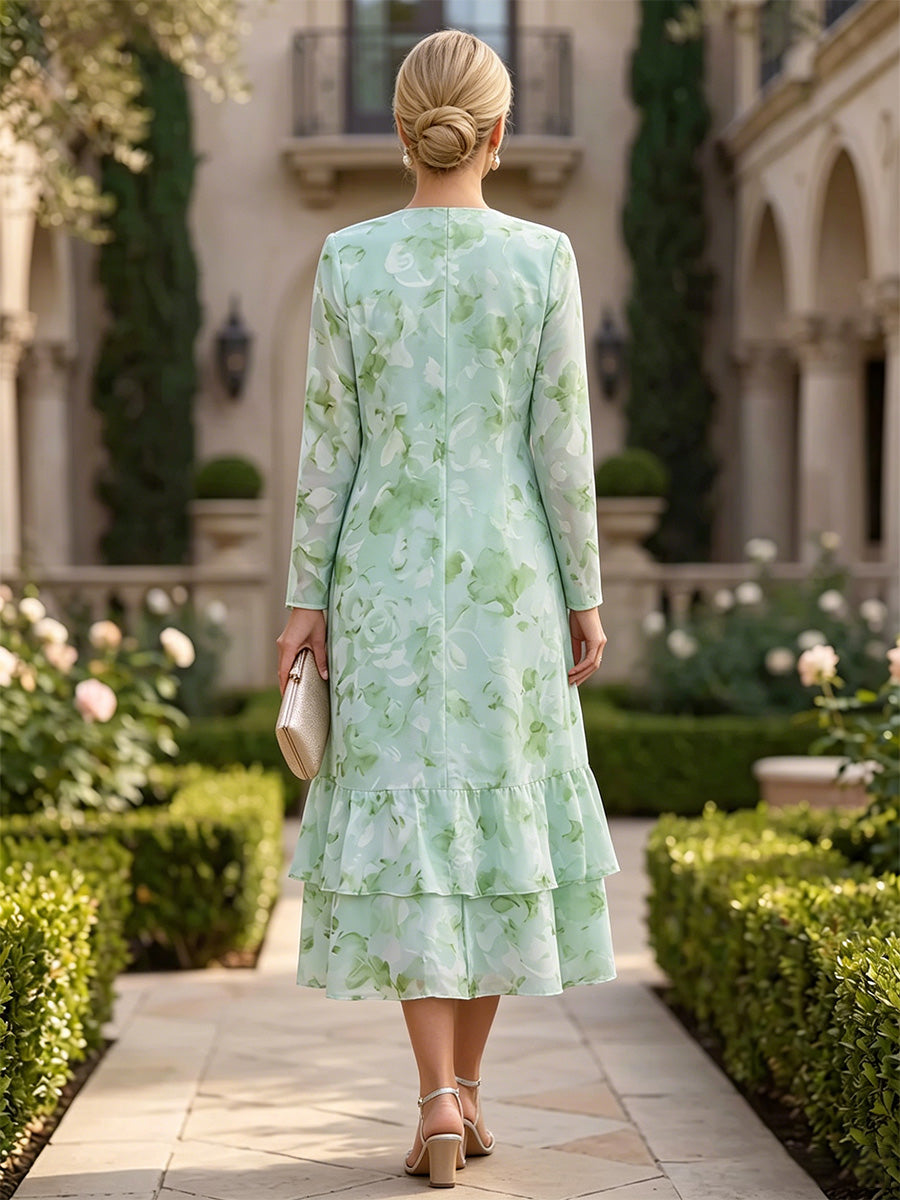 A-Line/Princess Scoop Neck Tea-Length Mother of the Bride & Groom Dresses with Ruffles & Ruched Waist (SHI22501287)