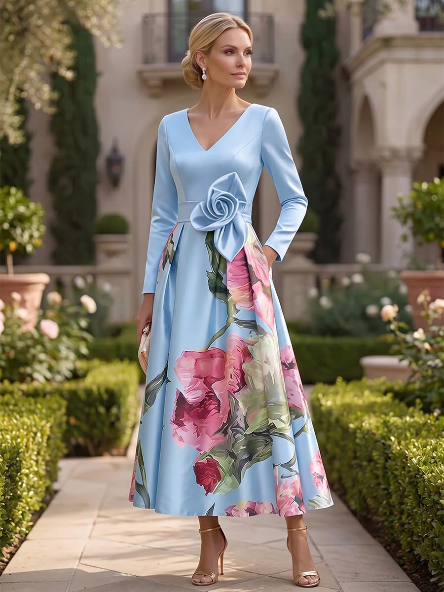 Floral Print A-Line/Princess V-Neck Tea-Length Mother of the Bride & Groom Dresses with Ruched Waist & Pockets (SHI22501150)