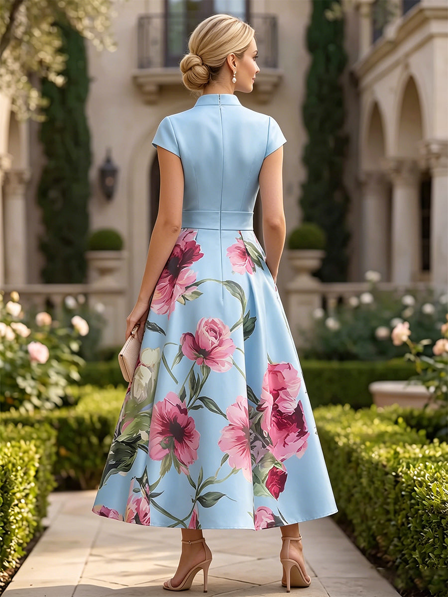 Floral Print A-Line/Princess V-Neck Tea-Length Mother of the Bride & Groom Dresses with Ruched Waist & Pockets (SHI22501150)