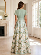 Floral Print A-Line/Princess V-Neck Tea-Length Mother of the Bride & Groom Dresses with Ruched Waist & Pockets (SHI22501150)