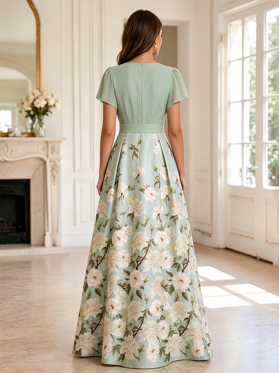 Floral Print A-Line/Princess V-Neck Tea-Length Mother of the Bride & Groom Dresses with Ruched Waist & Pockets (SHI22501150)
