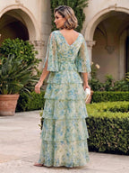 Floral Print A-Line/Princess V-Neck Floor-Length Mother of the Bride & Groom Dresses with Tiered Layers & Ruffles (SHI22501166)