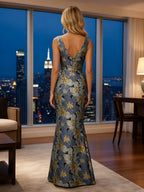 Jacquard Sheath/Column V-Neck Floor-Length Mother of the Bride & Groom Dresses with Ruffles & Ruched Waist (SHI22501060)