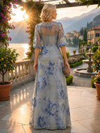 A-Line Chiffon Floral Print 3/4 Cape Sleeves Tiered Mother of the Bride & Groom Dresses with Beaded Waist Embellishment (SHI22500669)