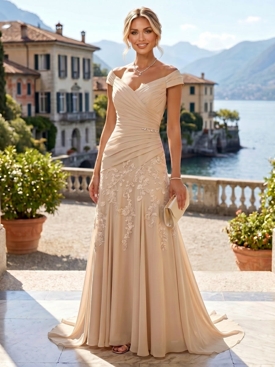 A-Line Chiffon Floral Print 3/4 Cape Sleeves Tiered Mother of the Bride & Groom Dresses with Beaded Waist Embellishment (SHI22500669)