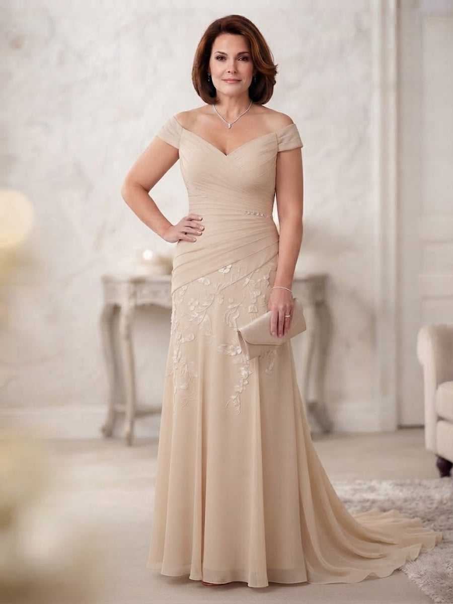 Chiffon Lace A-Line/Princess Off Shoulder Long Mother of the Bride & Groom Dresses with Ruched Waist & Sweep Train (SHI22501250)