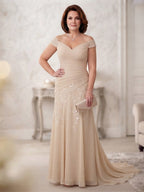 Chiffon Lace A-Line/Princess Off Shoulder Long Mother of the Bride & Groom Dresses with Ruched Waist & Sweep Train (SHI22501250)