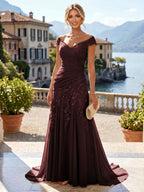 Chiffon Lace A-Line/Princess Off Shoulder Long Mother of the Bride & Groom Dresses with Ruched Waist & Sweep Train (SHI22501250)