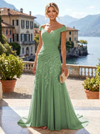 Chiffon Lace A-Line/Princess Off Shoulder Long Mother of the Bride & Groom Dresses with Ruched Waist & Sweep Train (SHI22501250)