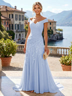 Chiffon Lace A-Line/Princess Off Shoulder Long Mother of the Bride & Groom Dresses with Ruched Waist & Sweep Train (SHI22501250)