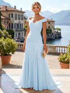 Chiffon Lace A-Line/Princess Off Shoulder Long Mother of the Bride & Groom Dresses with Ruched Waist & Sweep Train (SHI22501250)