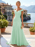 Chiffon Lace A-Line/Princess Off Shoulder Long Mother of the Bride & Groom Dresses with Ruched Waist & Sweep Train (SHI22501250)