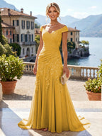 Chiffon Lace A-Line/Princess Off Shoulder Long Mother of the Bride & Groom Dresses with Ruched Waist & Sweep Train (SHI22501250)