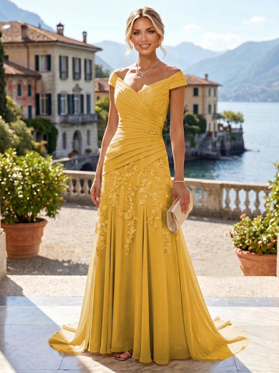 Chiffon Lace A-Line/Princess Off Shoulder Long Mother of the Bride & Groom Dresses with Ruched Waist & Sweep Train (SHI22501250)