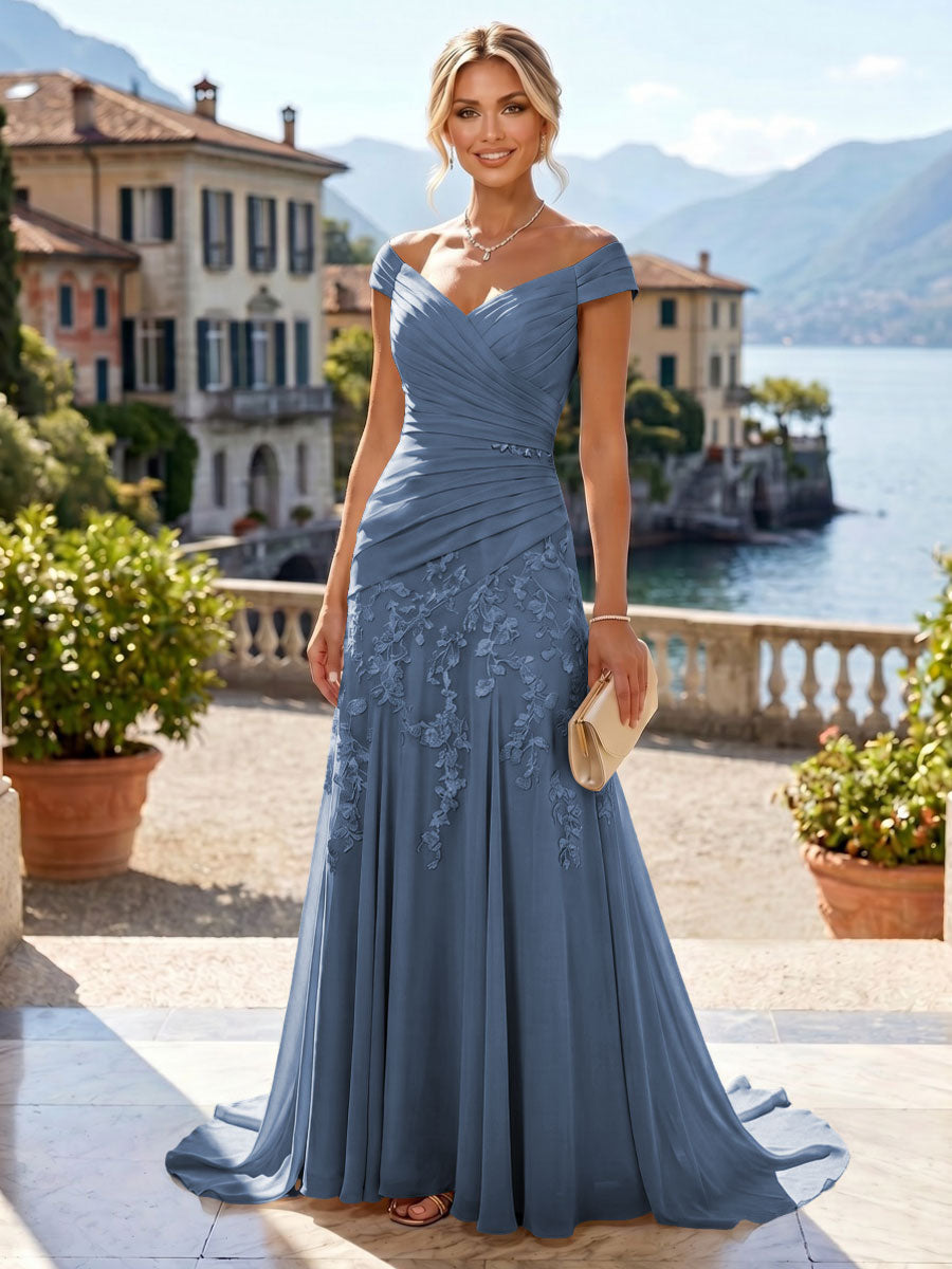 Chiffon Lace A-Line/Princess Off Shoulder Long Mother of the Bride & Groom Dresses with Ruched Waist & Sweep Train (SHI22501250)