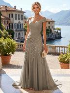 Chiffon Lace A-Line/Princess Off Shoulder Long Mother of the Bride & Groom Dresses with Ruched Waist & Sweep Train (SHI22501250)