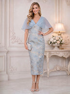 Jacquard Sheath/Column V-Neck Tea-Length Mother of the Bride & Groom Dresses for Women (SHI22501292)