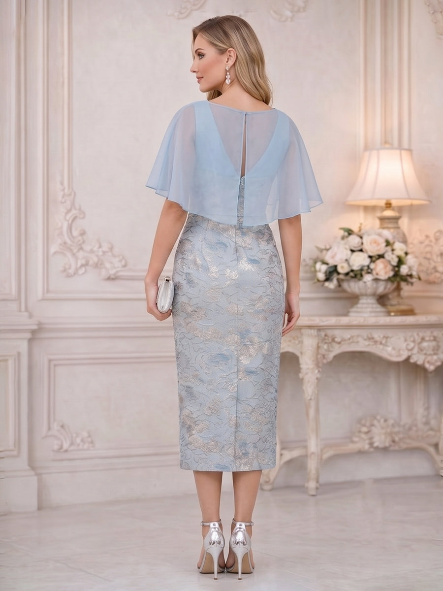 Jacquard Sheath/Column V-Neck Tea-Length Mother of the Bride & Groom Dresses for Women (SHI22501292)