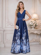 Floral Print A-Line/Princess V-Neck Tea-Length Mother of the Bride & Groom Dresses with Ruched Waist & Pockets (SHI22501150)
