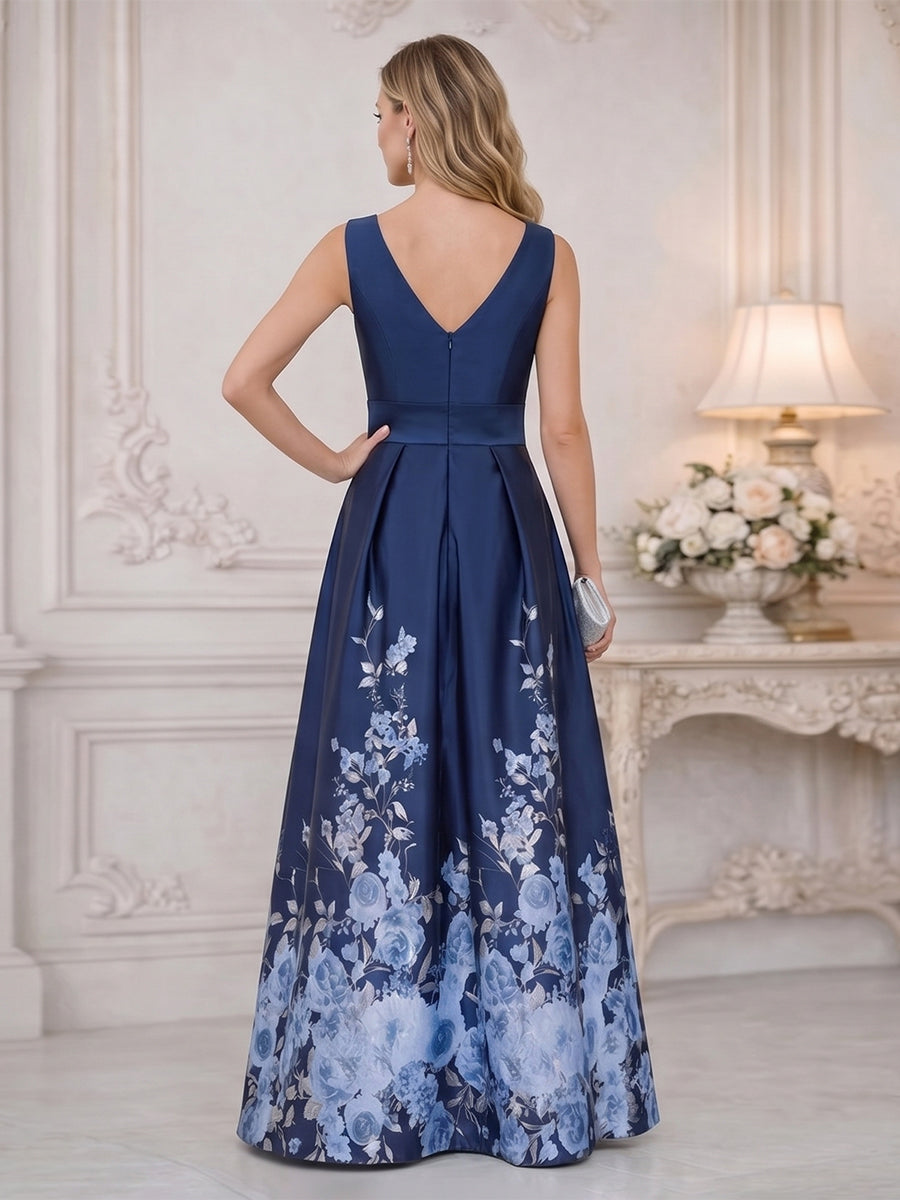 Floral Print A-Line/Princess V-Neck Tea-Length Mother of the Bride & Groom Dresses with Ruched Waist & Pockets (SHI22501150)