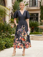 Floral Print A-Line/Princess V-Neck Tea-Length Mother of the Bride & Groom Dresses with Ruched Waist & Pockets (SHI22501150)