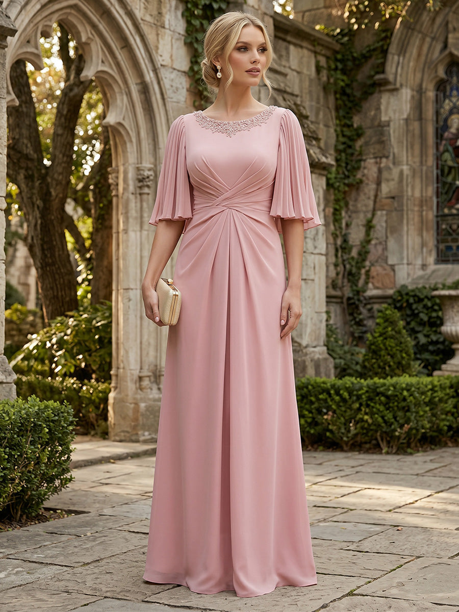 Satin A Line Round Neck Ruched Pleats Mother of the Bride & Groom Dresses (SHI22500952)