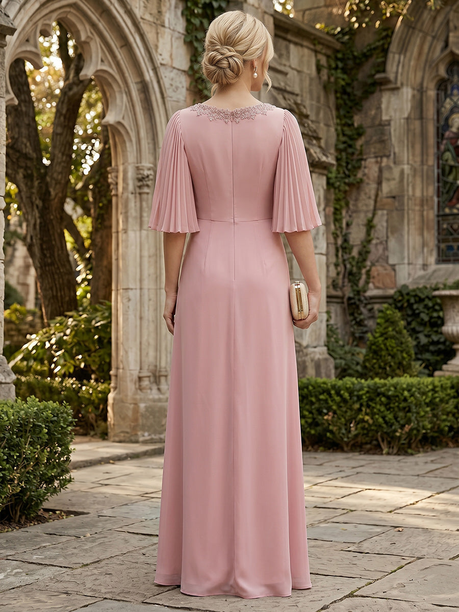 Satin A Line Round Neck Ruched Pleats Mother of the Bride & Groom Dresses (SHI22500952)