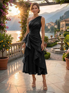 A-Line/Princess One Shoulder Tea-Length Mother of the Bride & Groom Dresses with Ruffles & Ruched Waist (SHI22501283)