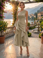 A-Line/Princess One Shoulder Tea-Length Mother of the Bride & Groom Dresses with Ruffles & Ruched Waist (SHI22501283)