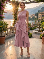 A-Line/Princess One Shoulder Tea-Length Mother of the Bride & Groom Dresses with Ruffles & Ruched Waist (SHI22501283)