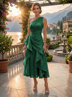 A-Line/Princess One Shoulder Tea-Length Mother of the Bride & Groom Dresses with Ruffles & Ruched Waist (SHI22501283)