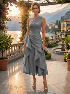 A-Line/Princess One Shoulder Tea-Length Mother of the Bride & Groom Dresses with Ruffles & Ruched Waist (SHI22501283)