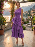 A-Line/Princess One Shoulder Tea-Length Mother of the Bride & Groom Dresses with Ruffles & Ruched Waist (SHI22501283)