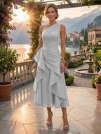 A-Line/Princess One Shoulder Tea-Length Mother of the Bride & Groom Dresses with Ruffles & Ruched Waist (SHI22501283)