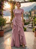 A-Line/Princess Scoop Neck Tea-Length Mother of the Bride & Groom Dresses with Ruffles & Ruched Waist (SHI22501287)