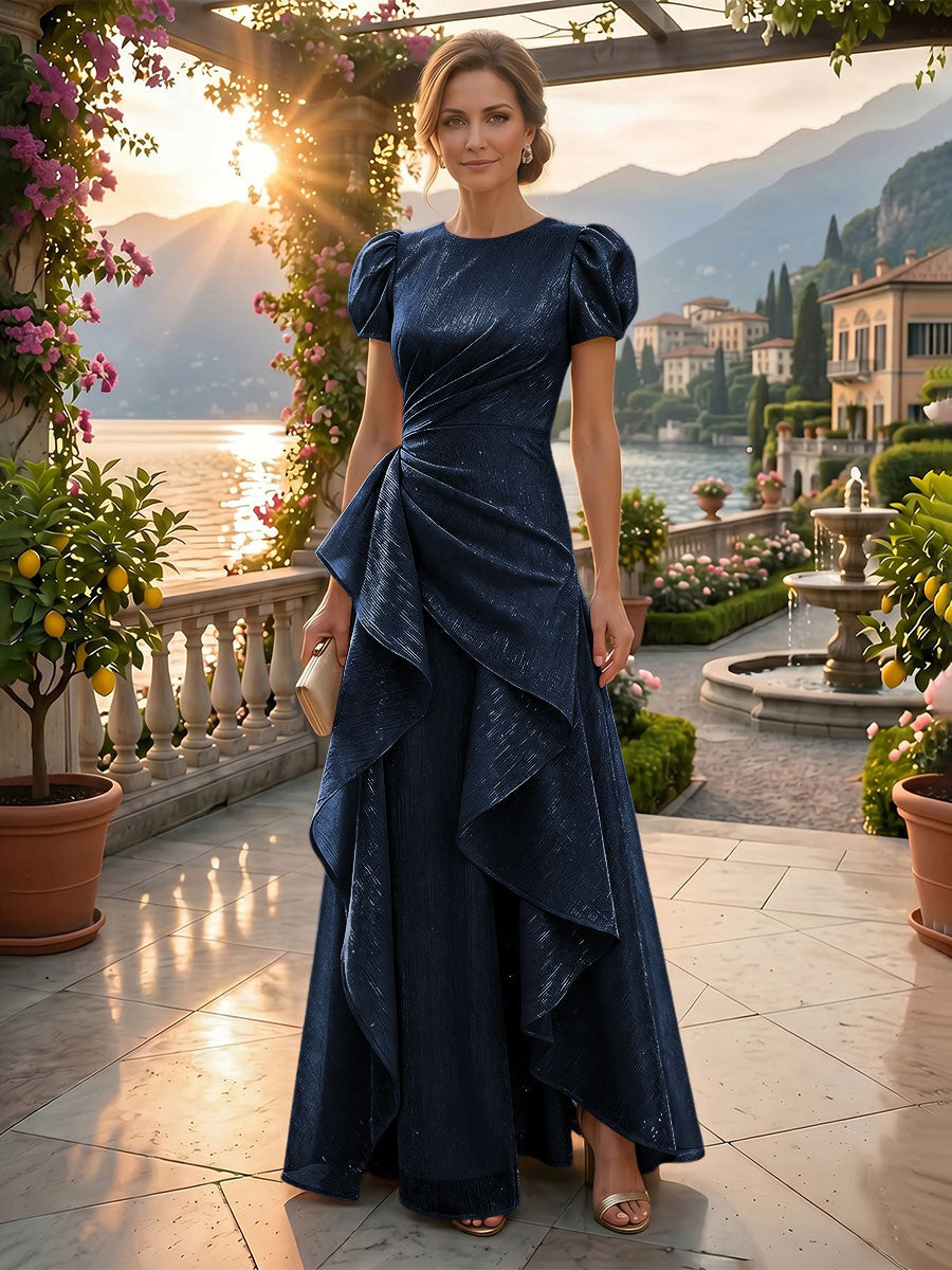 A-Line/Princess Scoop Neck Tea-Length Mother of the Bride & Groom Dresses with Ruffles & Ruched Waist (SHI22501287)