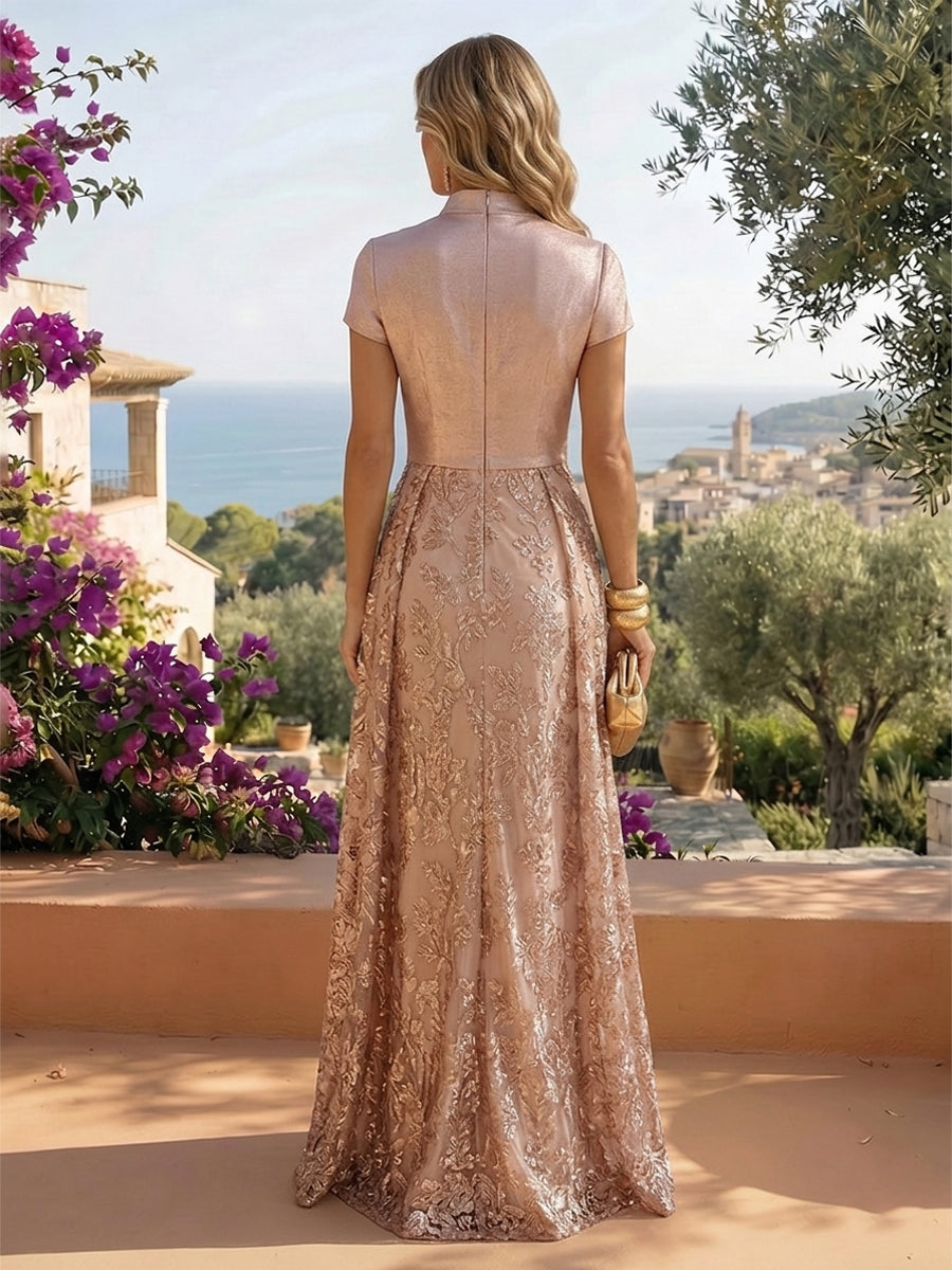 Jacquard Sheath/Column 3/4 Sleeves Floor-Length Mother of the Bride & Groom Dresses with Ruched Waist & Rhinestones (SHI22500801)